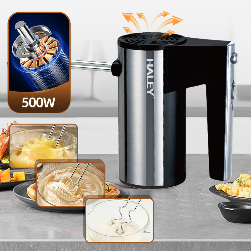 Mixer de Mână din Inox HALEY 500W – 5 viteze, silențios, motor puternic, accesorii incluse